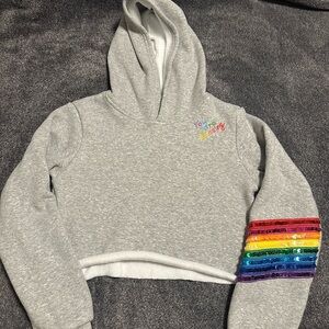 Lola + The Boys Gray and Red Cropped Hoodie with Rainbow Sleeve
